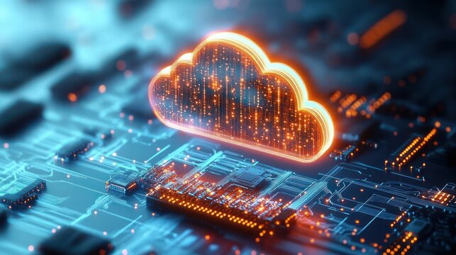 Glowing digital cloud hovering over illuminated circuit board with microchips and data streams, futuristic energetic atmosphere of connectivity and innovation