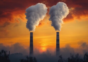 Two smoking chimneys at sunset belching thick clouds over a foggy industrial skyline with silhouetted trees, dramatic and ominous atmosphere