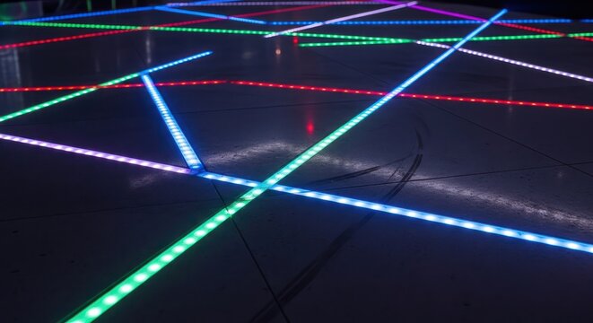 Illuminated pathways of colored light strips crisscrossing on a dark surface creating a - Powered by Adobe
