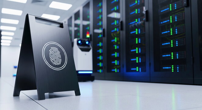 A fingerprint sign indicating biometric security in a futuristic data center with server racks and an AI robot patrolling the aisles.