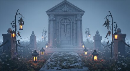 Ethereal mausoleum illuminated by soft candle light amidst a mystical misty garden realm