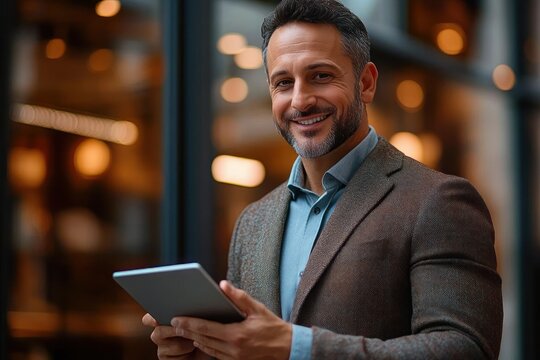 professional man in blazer holding a tablet outside a glass building looking focused and confident amid warm evening lights