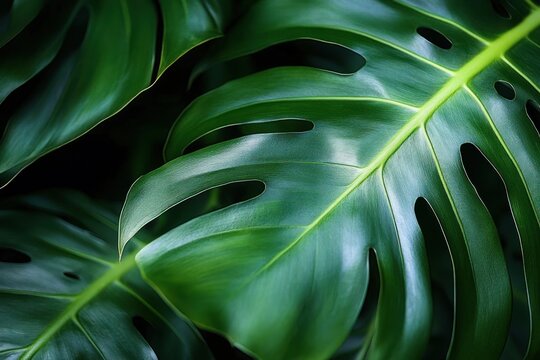 close-up of glossy green monstera leaves with deep splits and soft natural light, evoking calm lush tropical serenity