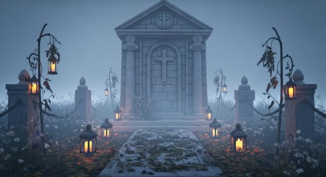 Ethereal mausoleum illuminated by soft candle light amidst a mystical misty garden realm