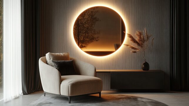 Cozy beige lounge chair beside a glowing round backlit mirror over a low dark console with dried pampas grass, sheer and dark curtains, warm ambient lighting creating a calm serene mood - Powered by Adobe