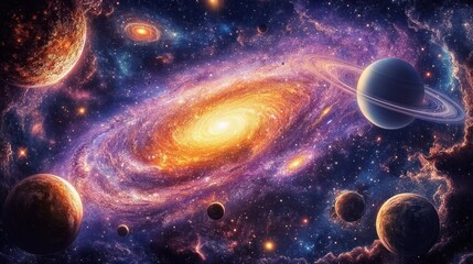 majestic glowing spiral galaxy with a bright golden core surrounded by a purple nebula, ringed gas giant and multiple rocky planets evoking cosmic wonder