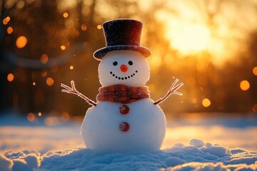 Obraz premium cheerful small snowman with top hat and plaid scarf at golden sunset, smiling twig arms and glowing bokeh over snowy field