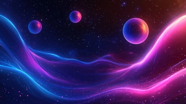 Three glowing planets above flowing neon blue and pink cosmic waves in a starry space, dreamy and futuristic atmosphere - Powered by Adobe