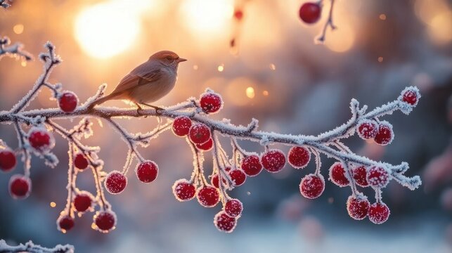 tiny songbird perched on frost-covered branch laden with red berries at golden sunrise, serene peaceful winter morning