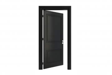 A sleek. modern black door slightly ajar. revealing a bright light source behind it. symbolizing opportunity and transition. perfect for themes of change and new beginnings
