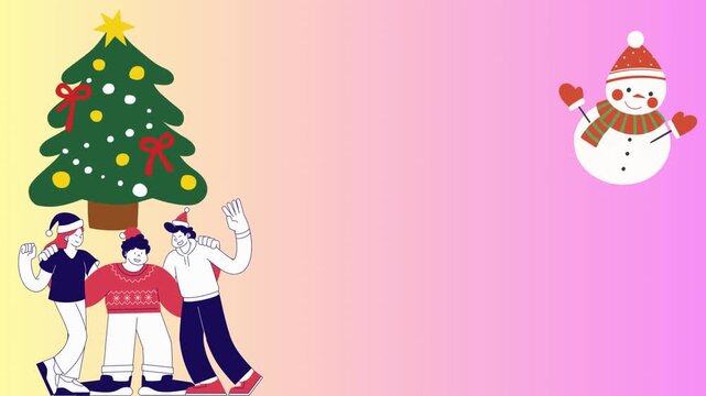 Animated Christmas Card Background with Snowman, Christmas Tree, and Friends Waving