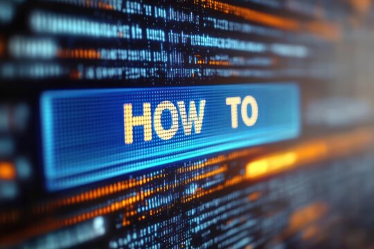 Glowing digital close-up showing a blue HOW TO search button surrounded by streaming blue and orange code, conveying futuristic informative and urgent technological guidance