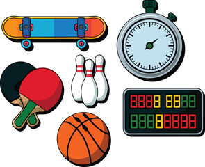 Collection of vector sports equipment including a skateboard stopwatch three bowling pins basketball and ping pong paddle
