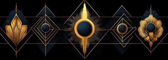 Symmetrical gold and navy geometric panel with a radiant central medallion, dark circular orbs, stylized floral motifs and sunburst rays evoking elegance and mystic luxury