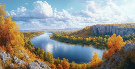 Tranquil river winding through golden autumn forest and rocky cliffs under a bright blue sky with fluffy clouds, serene reflections on calm water