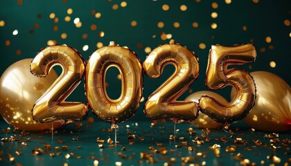 shiny gold foil number balloons forming 2025 with scattered gold confetti and round gold balloons on a dark green backdrop, festive joyful celebratory mood