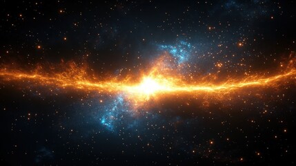 brilliant fiery galactic core with glowing orange dust lane, blue nebula clouds and scattered stars evoking cosmic wonder
