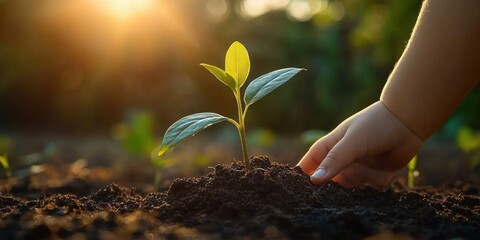 child's hand gently touching a young seedling in rich soil at golden sunset, nurturing new growth and hopeful connection to nature