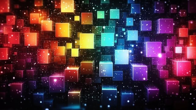 vibrant glowing 3d cubes arranged in a rainbow grid with sparkling particles, futuristic digital abstract energy and deep perspective