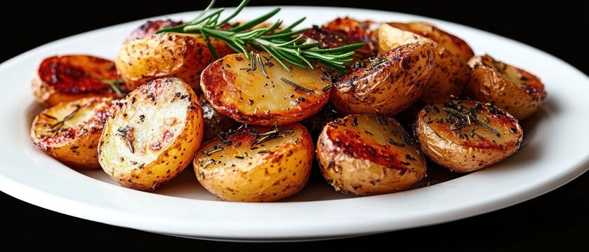 Golden roasted halved baby potatoes with rosemary and herbs on a white plate, warm and appetizing comfort food - Powered by Adobe