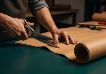 Close-up of a person cutting a large roll of brown kraft paper with scissors on a dark green table.