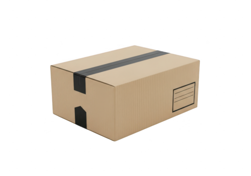 Cardboard box isolated on transparent background, closed and sealed with black tape