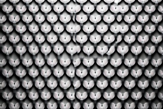 close-up of overlapping metallic spoons and forks arranged in repeating scale-like rows, high-contrast black and white pattern conveying a hypnotic orderly industrial mood