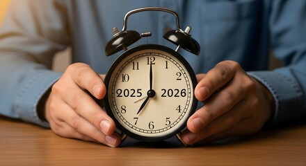 Alarm clock showing 2025 and 2026 in hands for financial planning concept investment strategy future forecast budgeting goal setting time management scheduling