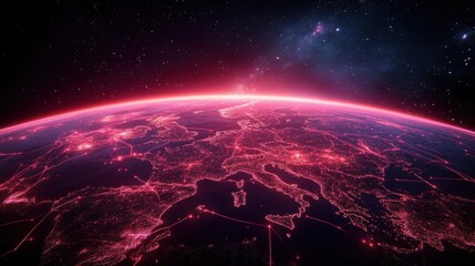 Neon pink network illuminating Europe from orbit with glowing city lights and connecting lines over the Mediterranean under a starry cosmic sky, futuristic and energetic