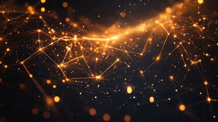 Ethereal golden network of glowing interconnected nodes and delicate lines with floating particles over a dark background, evoking futuristic mystery and dynamic energy