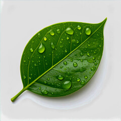 Crisp Morning Dew on Serrated Bright Green Leaf, Isolated on White.