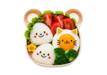 Cute bento box with rice balls, egg, broccoli, and tomato isolated on transparent background