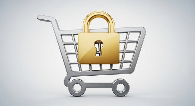 Shopping cart with padlock for secure online shopping isolated on white background