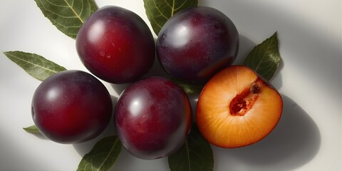 Plum still life featuring freshness with half plum showcasing vibrant orange flesh sweet flavor healthy eating and wellbeing antioxidant source in minimalist composition of nature