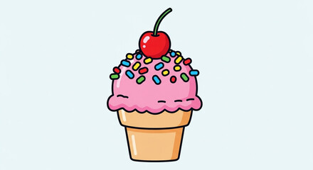 Cartoon illustration of a cupcake with cherry isolated on white background