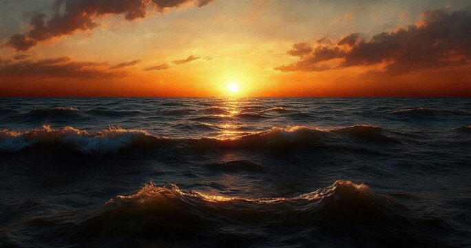 Golden sun sinking on the horizon over a rolling ocean with glowing waves and a dramatic cloud-streaked sky, evoking peaceful, majestic calm and quiet awe