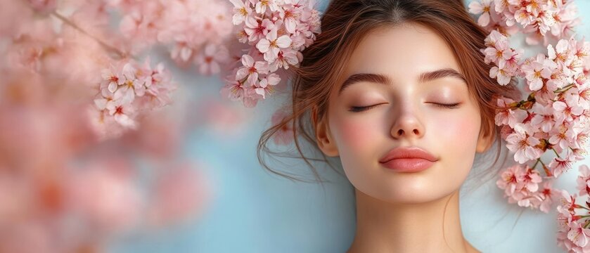 serene spring portrait of a woman with loose hair and bare neck framed by pink cherry blossoms on a soft blue background - Powered by Adobe