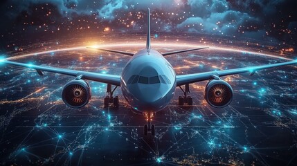 Front-facing passenger jet flying over an illuminated networked night earth, glowing city lights and digital connection lines beneath dramatic starry sky, evoking futuristic awe
