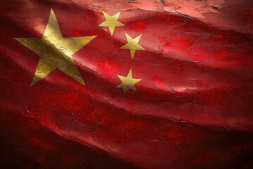 Worn red national flag with one large and three smaller gold stars on cracked textured painted fabric, dramatic lighting conveying solemn pride and resilience