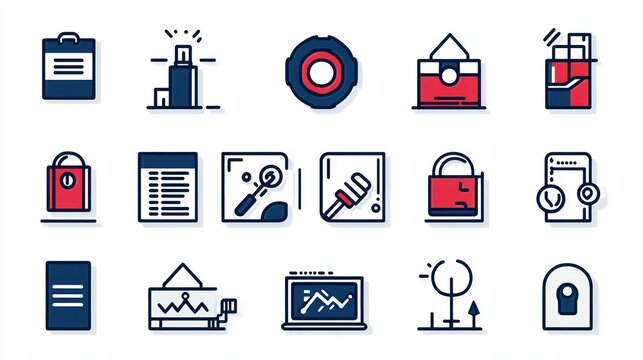Grid of modern flat retail and office icons including clipboard, cosmetics, lifebuoy, handbags, documents, tools, smartphone, charts, laptop and tree, cheerful professional style