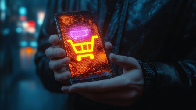 hands holding smartphone displaying glowing neon shopping cart icon in a night city scene, urban cyberpunk mood conveying excitement and convenient digital shopping