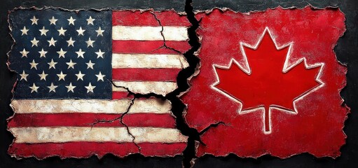 Torn and cracked American and Canadian flags separated by a jagged fissure, distressed textured patriotic symbols conveying tension and division