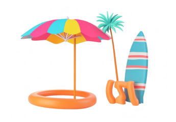 A beach scene featuring a colorful umbrella. a surfboard. a palm tree. and a bright inflatable ring. evoking a sense of summer fun and relaxation by the ocean