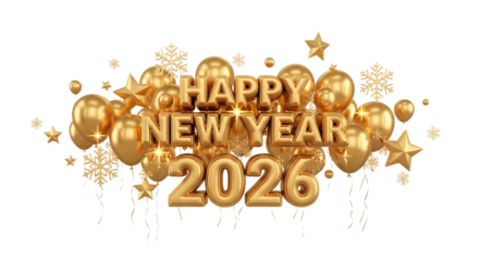Happy new year 2026 golden festive celebration balloons stars