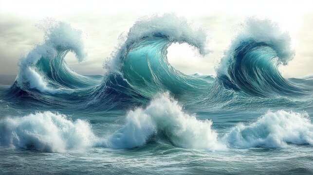 Three towering cresting ocean waves with white foam and spray under a cloudy overcast sky, dramatic majestic powerful crashing turbulent turquoise sea