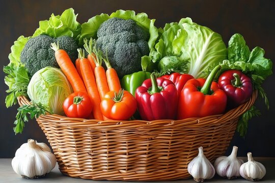 Wicker basket overflowing with fresh broccoli, carrots, tomatoes, red and green bell peppers, cabbage and lettuce with garlic, bright and wholesome abundance - Powered by Adobe