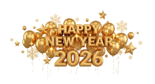 Happy new year 2026 golden festive celebration balloons stars