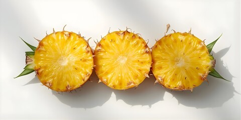 Tropical Pineapple Halves Lying on White Surface With Leaf Garnish Overhead Shot of Freshly Cut Fruit Pieces Displayed in Row for Healthy Eating