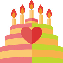 ''Colorful vector birthday cake with five burning candles and a prominent heart decoration for celebrations''