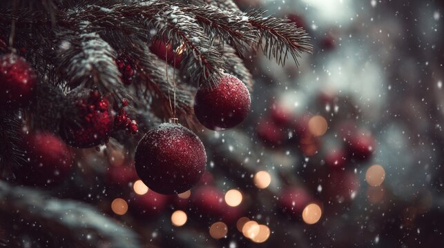 Winter magic: red ornaments and fir against a snowy backdrop. Breaking news. Serene holiday display: red decorations in a snowy setting. Press photo. Everyday scene.